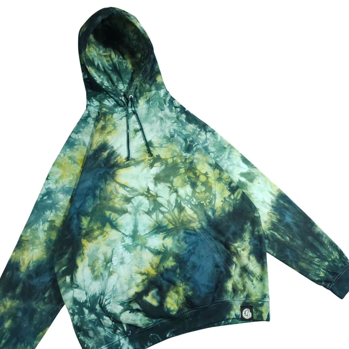 Green tie-dye pullover hoodie with hood, drawstring cords, and long sleeves.