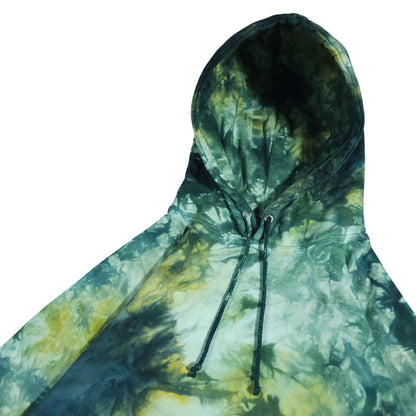 Green tie-dye hoodie front view showing hood opening and two drawstring ties.