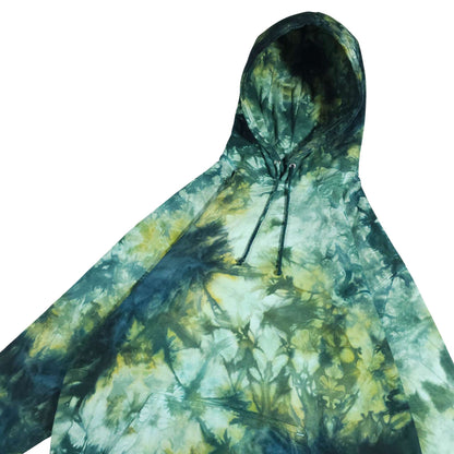 Green tie-dye pullover hoodie with hood and drawstring; centered front pocket.