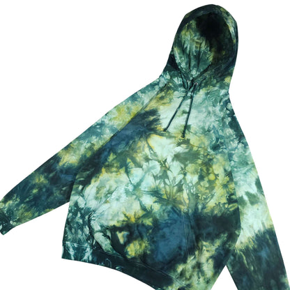 Green tie-dye pullover hoodie with hood, front pocket, and long sleeves.