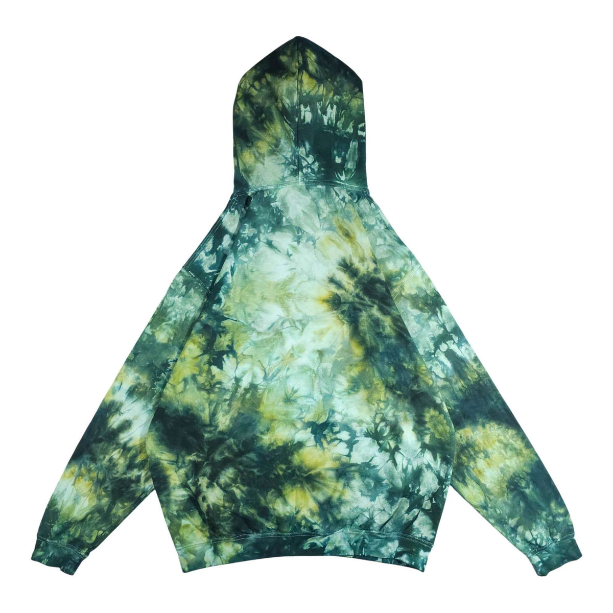 Green tie-dye pullover hoodie with hood, long sleeves, and front kangaroo pocket.
