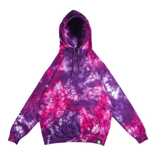 Tie-dye pullover hoodie with purple and pink swirls, hood, drawstring, kangaroo pocket