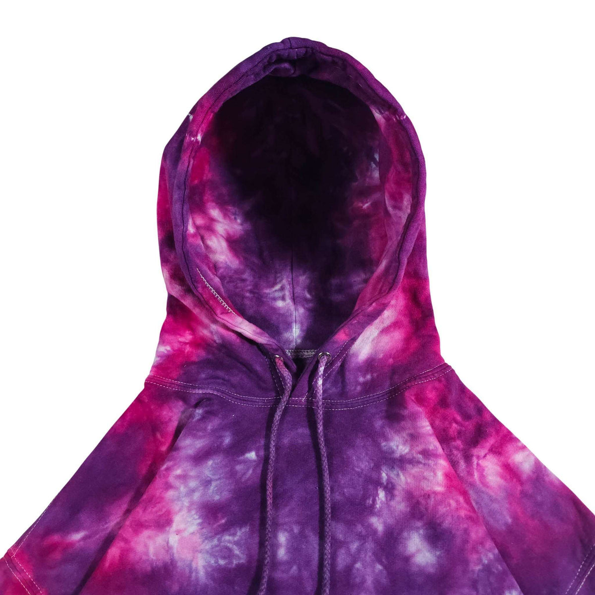 Tie-dye pullover hoodie with purple and pink swirl pattern, hood with drawstrings