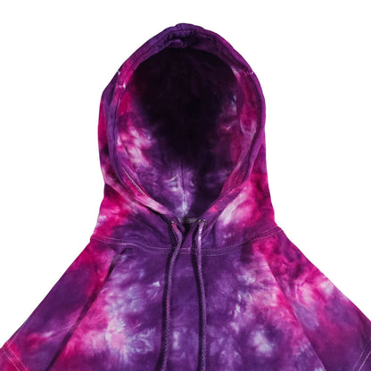 Tie-dye pullover hoodie with purple and pink swirl pattern, hood with drawstrings