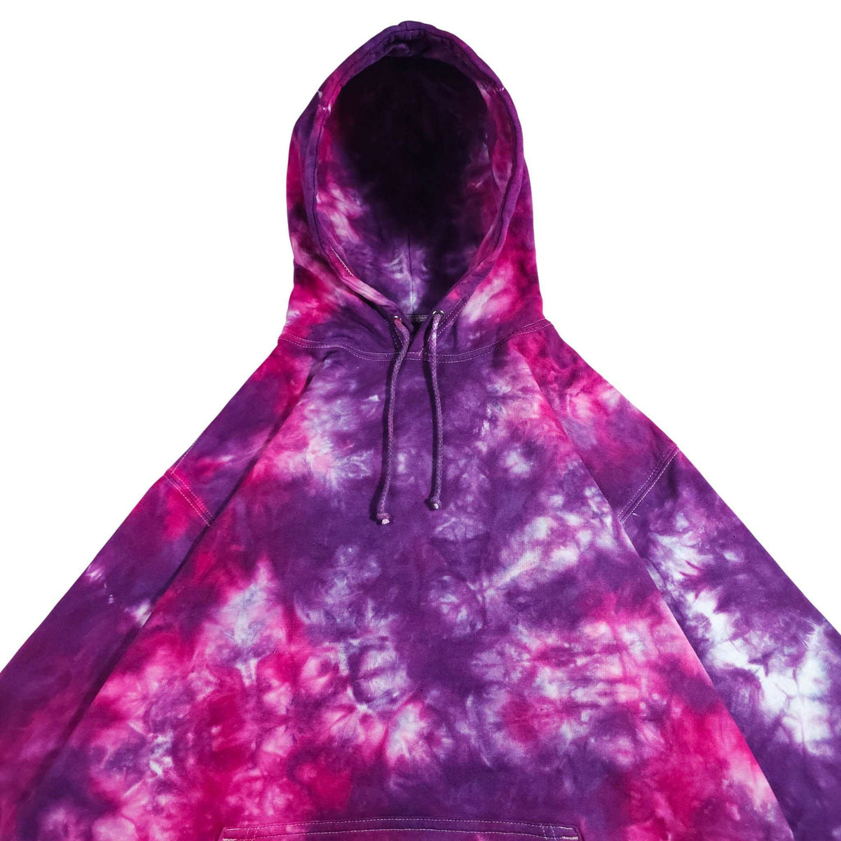 Tie-dye pullover hoodie with purple and pink cloud swirls, hood, drawstring, long sleeves