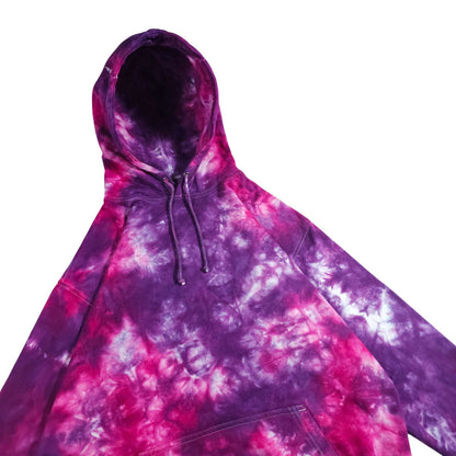 Tie-dye pullover hoodie with purple and pink swirl print, hood and drawstring, front pocket