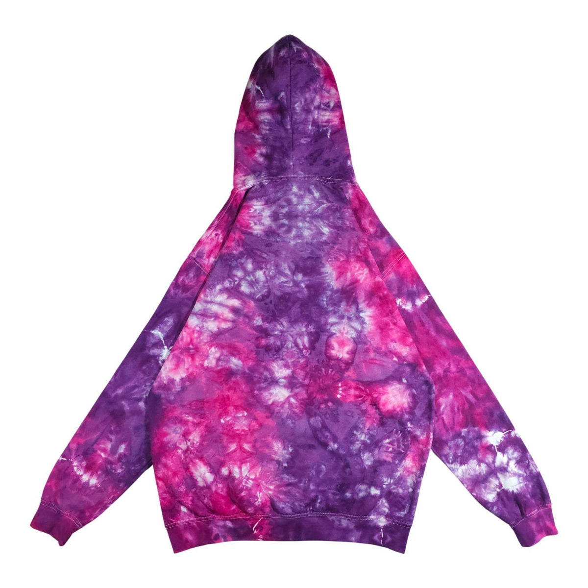 Tie-dye pullover hoodie with purple and pink swirls, hood, long sleeves, front pocket