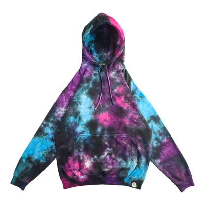 Tie-dye pullover hoodie with hood, front pocket, and drawstring, dark purple/blue/pink