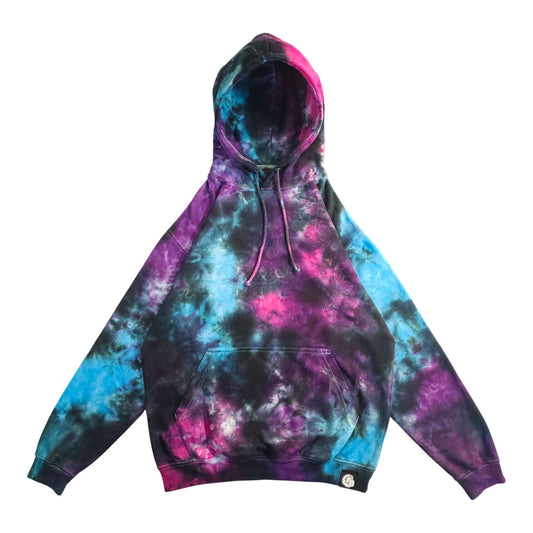 Tie-dye pullover hoodie with hood, front pocket, and drawstring, dark purple/blue/pink