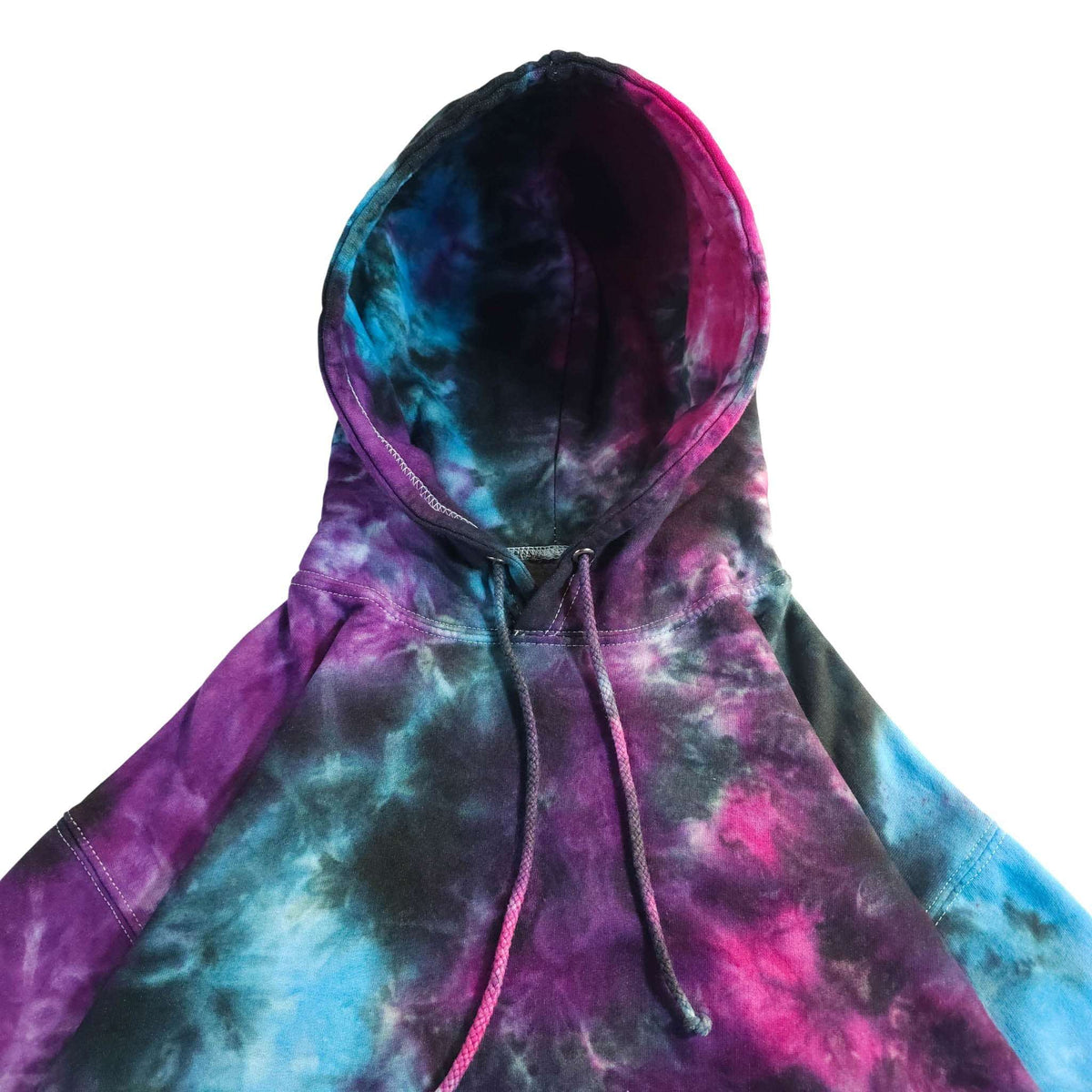 Hooded pullover hoodie front close-up, tie-dye purple and blue with black drawcords