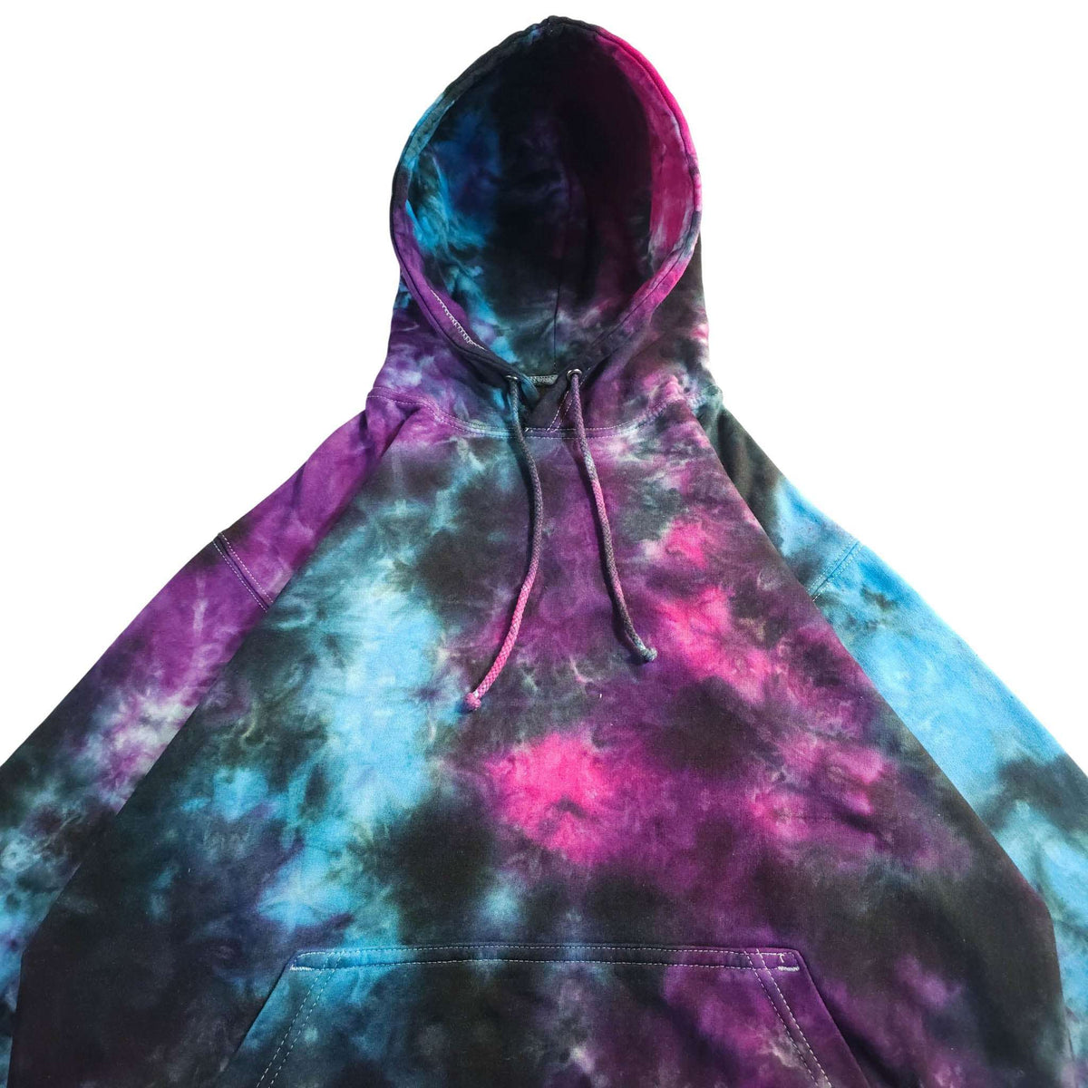 Hooded pullover hoodie front view with kangaroo pocket, purple/blue/pink tie dye