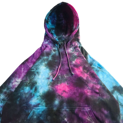 Hooded pullover hoodie front view with kangaroo pocket, purple/blue/pink tie dye