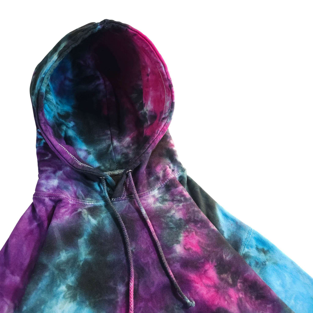 Hooded pullover hoodie neckline and drawstrings, vivid purple, blue, and pink tie dye