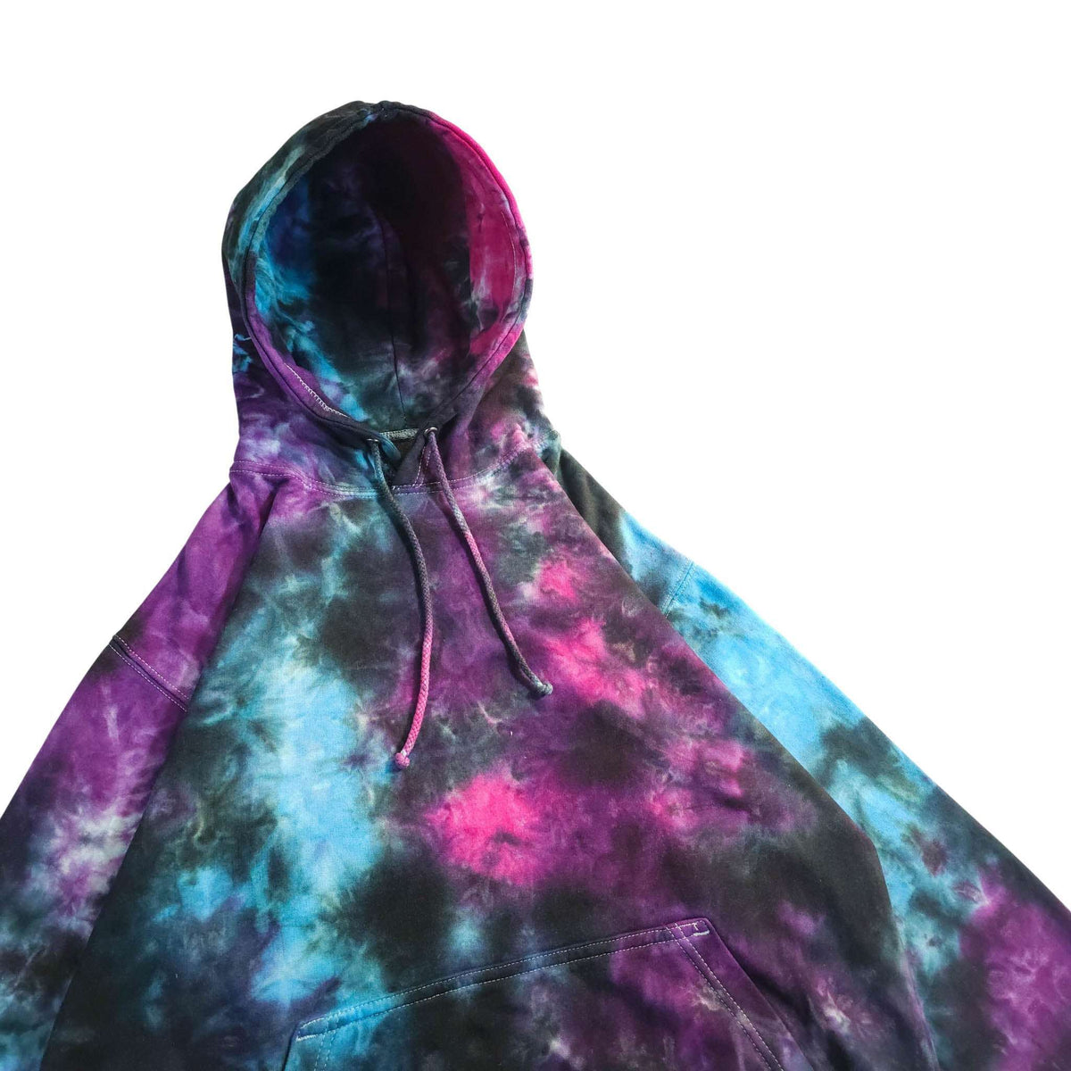 Hooded pullover hoodie with kangaroo pocket and long sleeves, purple/blue/pink tie dye