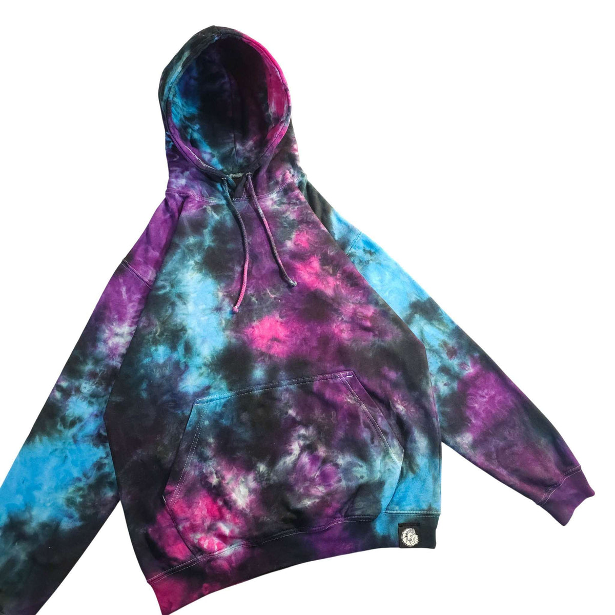 Tie-dye hoodie with hood and front pocket, purple/blue/pink swirl pattern