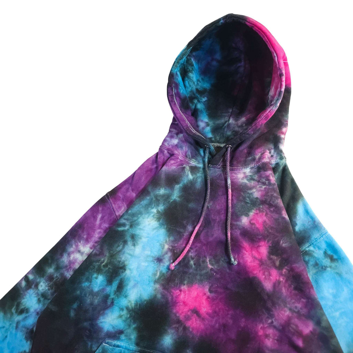 Hooded pullover hoodie close-up, purple/blue/pink tie-dye with drawcords