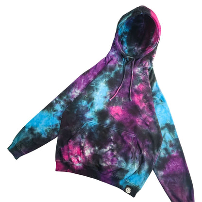 Hooded pullover hoodie angled view, front pocket and drawstring cords, purple/blue/pink