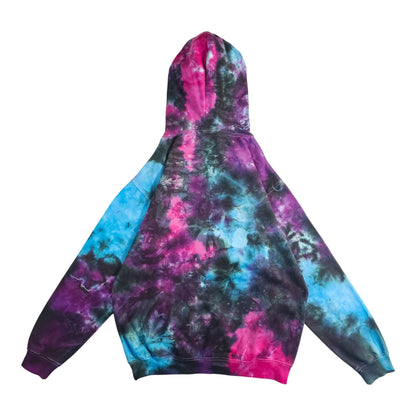 Back of tie-dye pullover hoodie, hooded sweatshirt with purple, blue, and pink swirl
