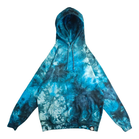 Blue and teal tie-dye pullover hoodie with adjustable hood and drawstring