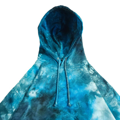 Blue tie-dye hoodie close-up of hood with two drawstrings and front pouch