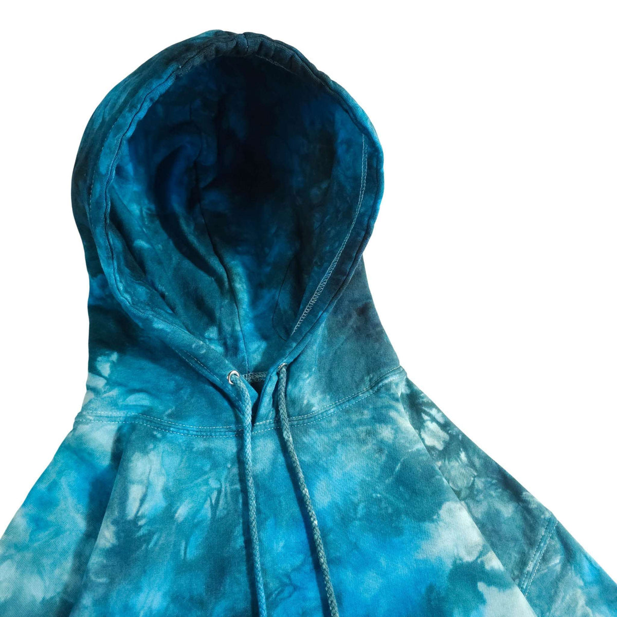 Tie-dye hoodie with visible seams, hood interior, and double drawstring cords