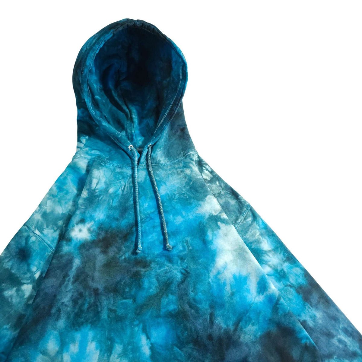 Blue and teal tie-dye pullover hoodie with drawstring hood and long sleeves