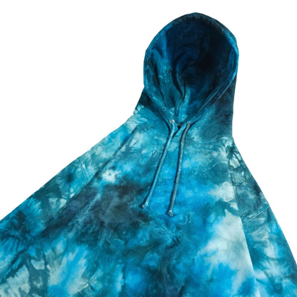 Blue and white tie-dye hoodie with adjustable hood and center drawstring cords