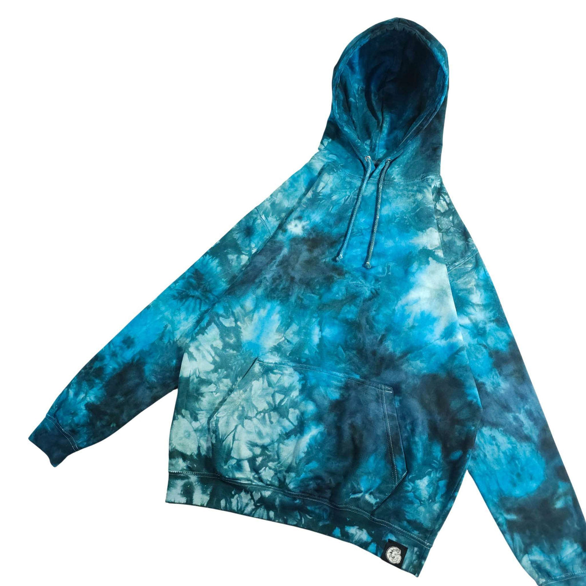 Blue teal tie-dye pullover hoodie with kangaroo pocket and drawstring hood