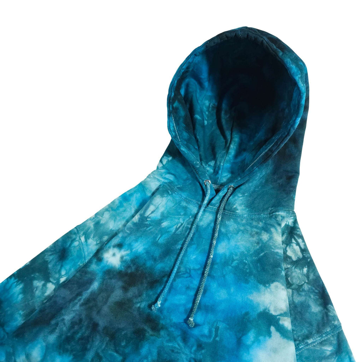 Blue tie-dye pullover hoodie with front hood opening and twin drawstring cords