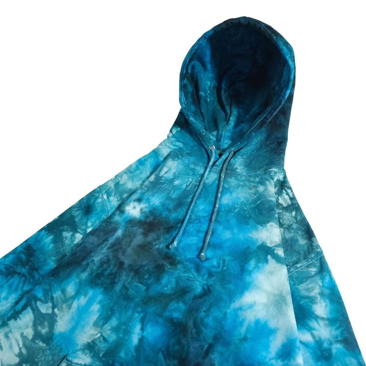 Blue teal tie-dye hoodie with adjustable hood and long sleeves