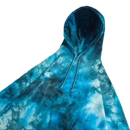 Blue teal tie-dye hoodie with adjustable hood and long sleeves