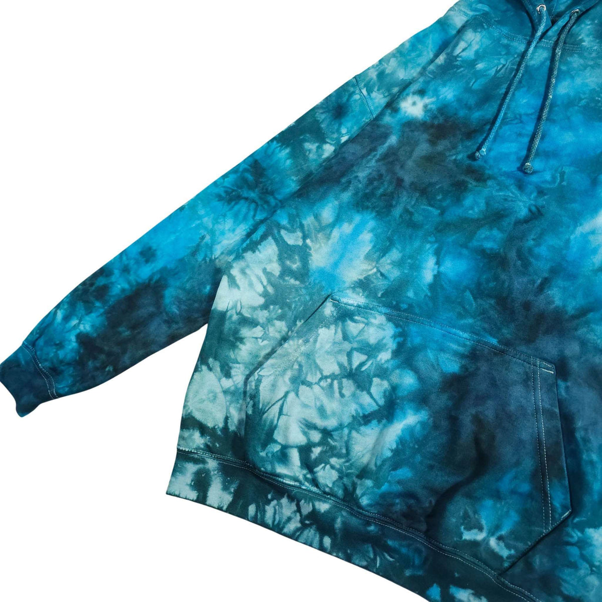 Tie-dye pullover hoodie with hood, drawstrings, and front pocket, long sleeves