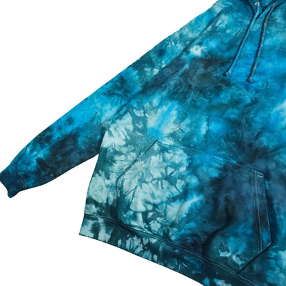 Tie-dye pullover hoodie with hood, drawstrings, and front pocket, long sleeves