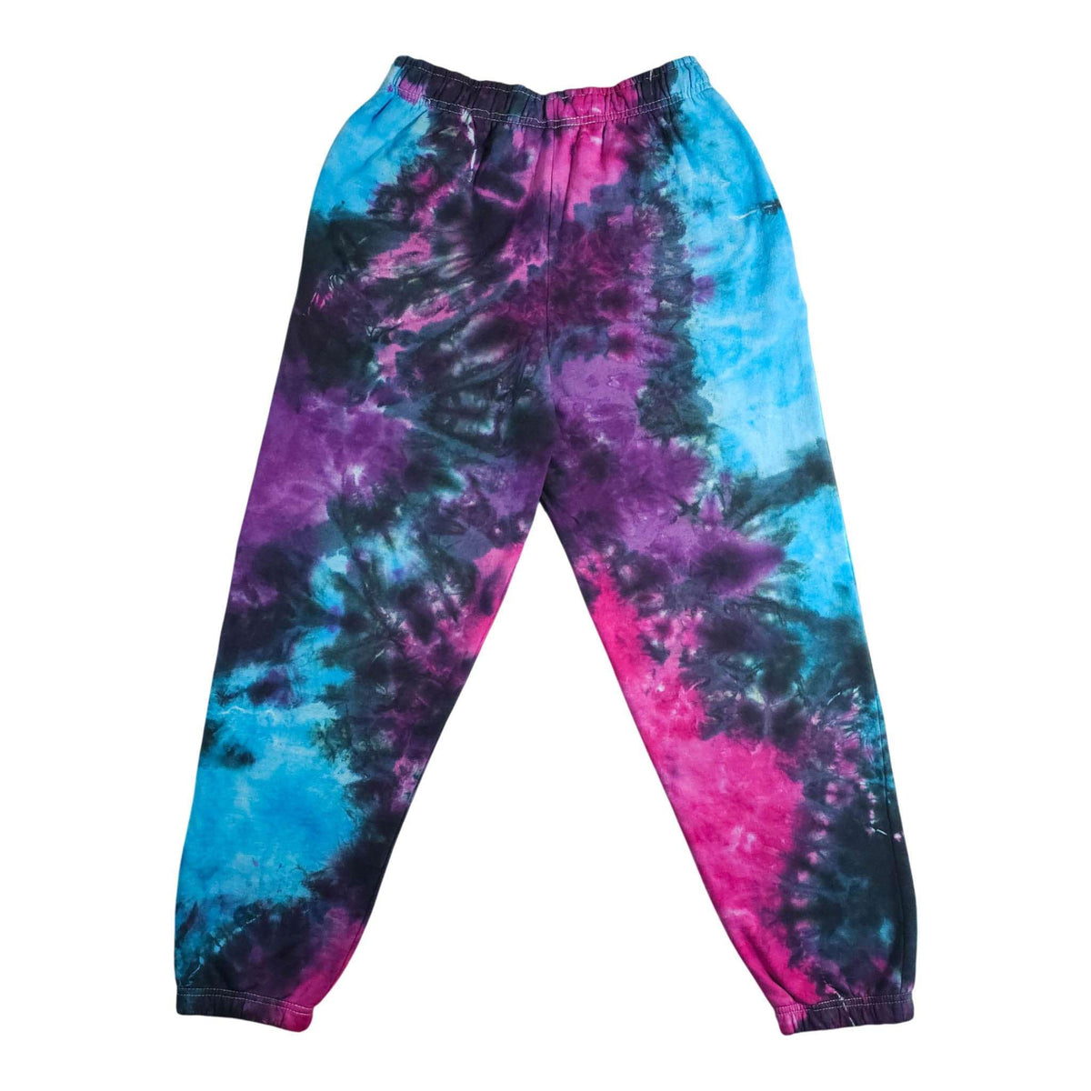 Tie-dye jogger pants full view with elastic waist and cuffed ankles, multicolor