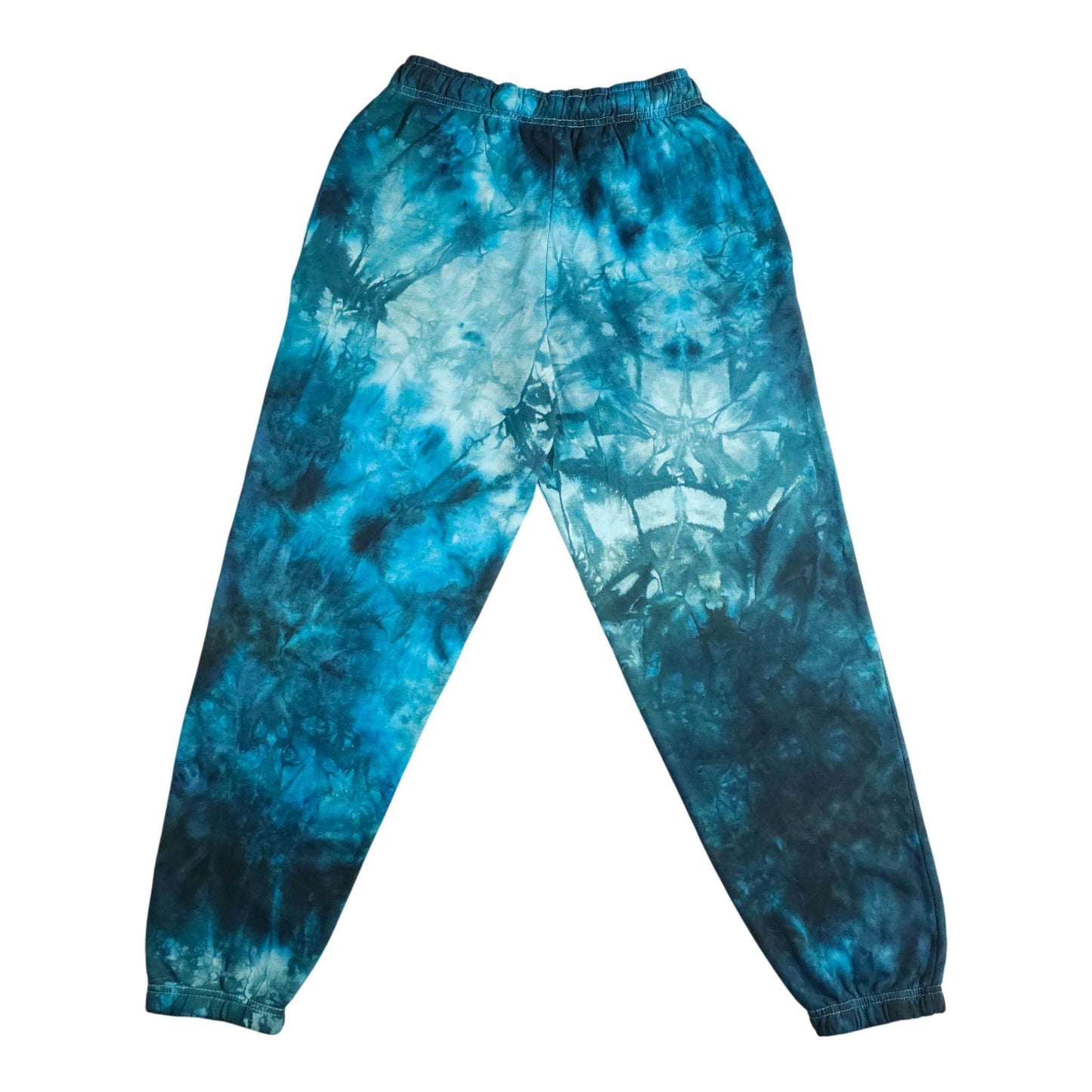 Blue tie-dye jogging bottoms with elastic waistband and ribbed ankle cuffs