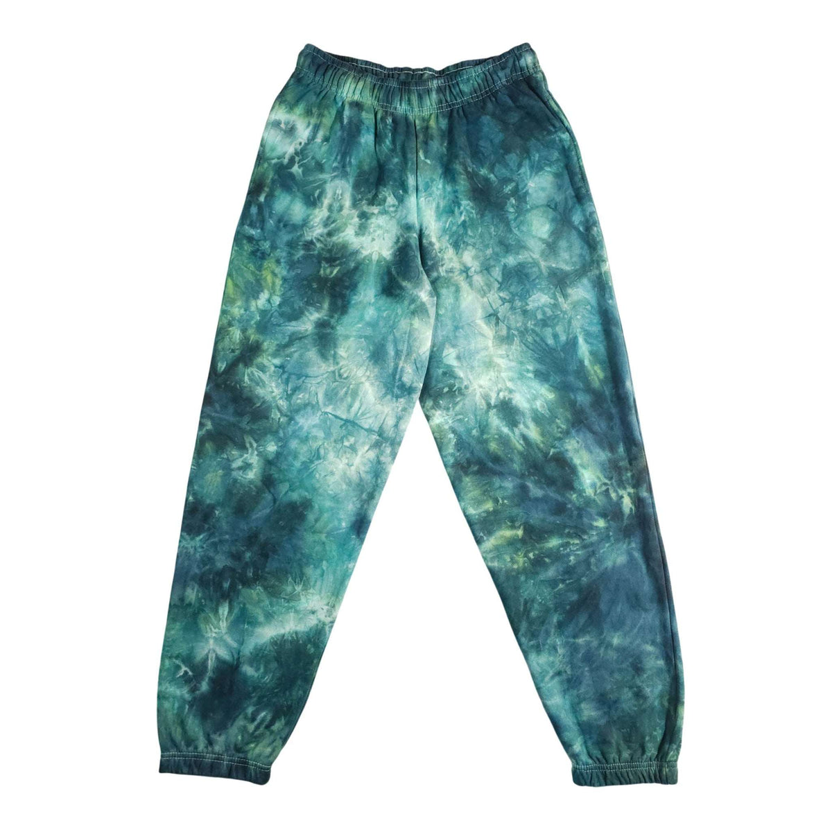 Green tie-dye jogger pants with elastic waistband and ribbed ankle cuffs