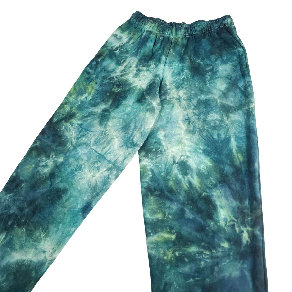 Tie-dye jogging pants, teal and green allover pattern, elastic waist and tapered legs.