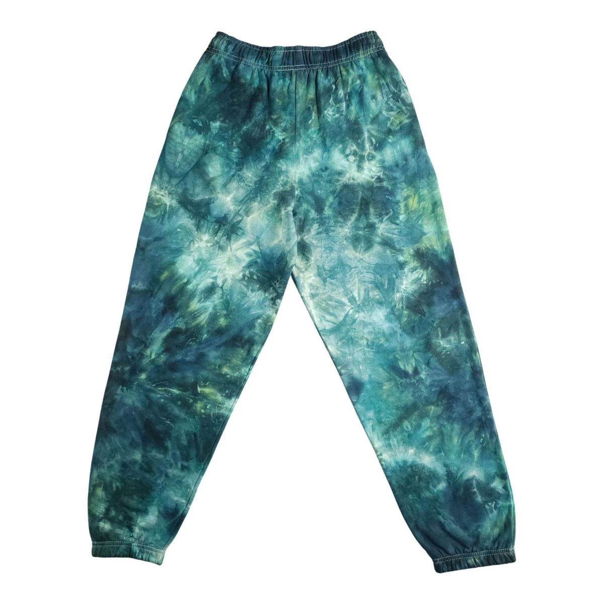 Teal and dark-green tie-dye joggers with elastic waistband and ribbed ankle cuffs
