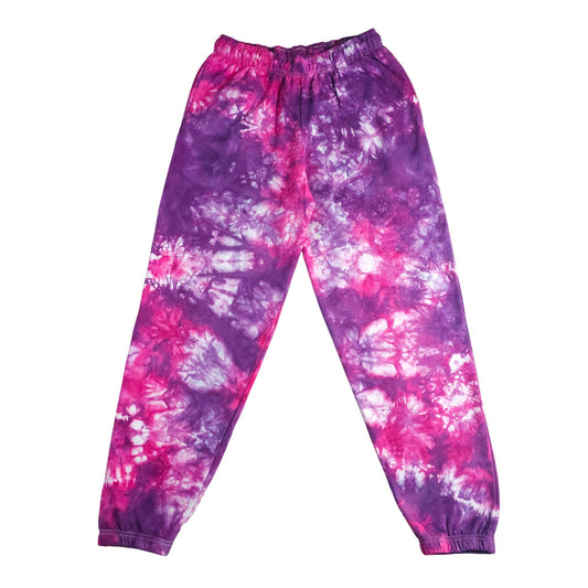 Tie-dye jogging bottoms with purple and pink swirl pattern, elastic waist, cuffed legs