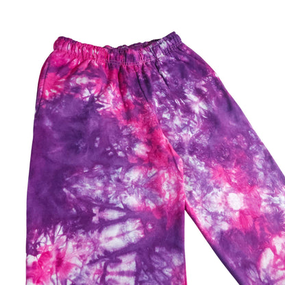 Purple and pink tie-dye joggers with elastic waistband