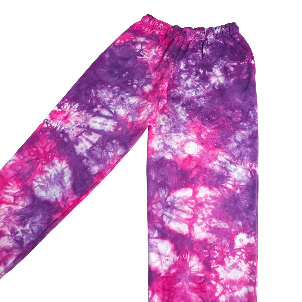 Purple and pink tie-dye joggers with elastic waistband, side view