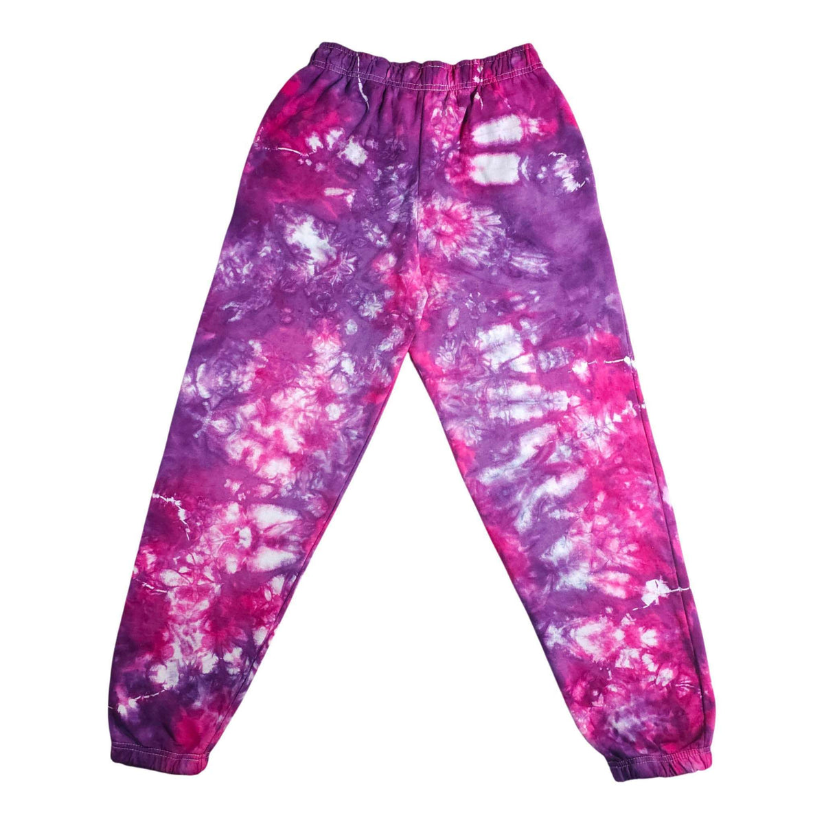 Purple and pink tie-dye joggers with elastic waistband and elastic cuffs