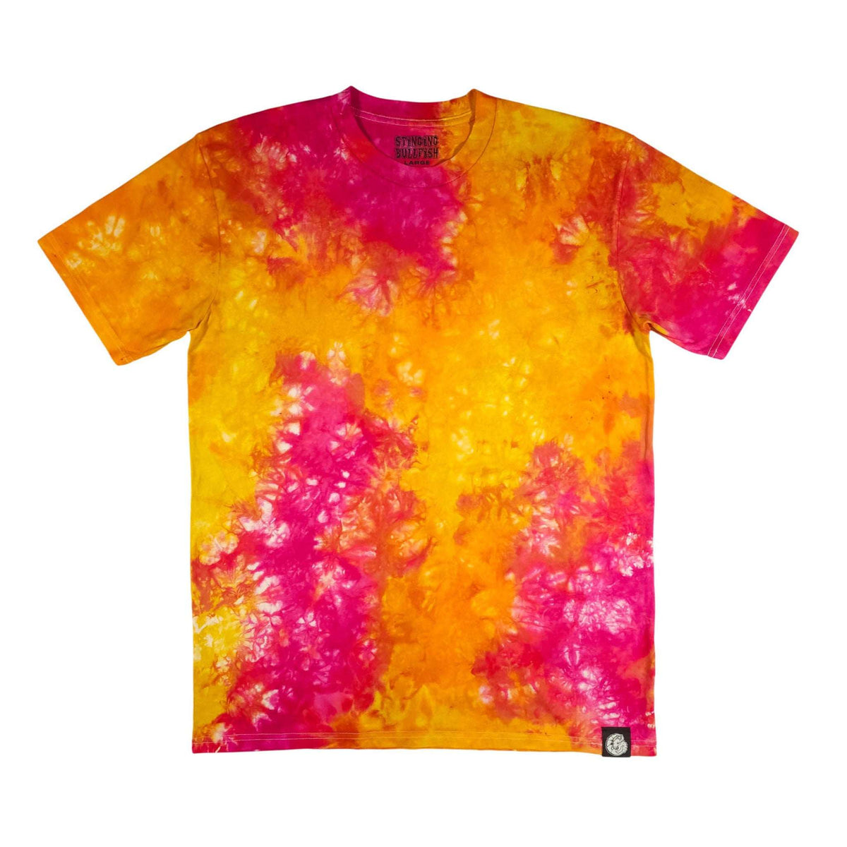 Tie-dye T-shirt with orange and magenta swirl pattern, short sleeves, crew neck.