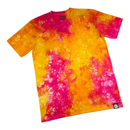 Tie-dye T-shirt with orange, yellow, and magenta cloud pattern, short sleeves, crew neck.
