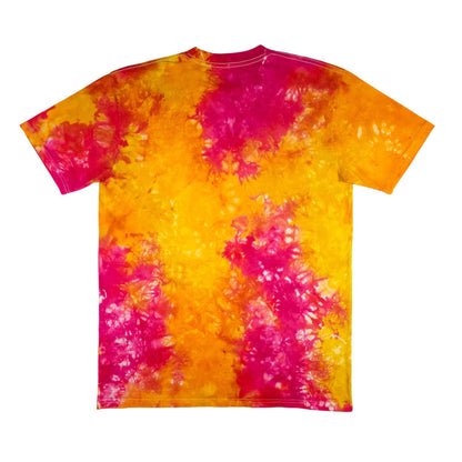 Tie-dye T-shirt with yellow-orange and magenta swirl pattern, short sleeves, crew neck.