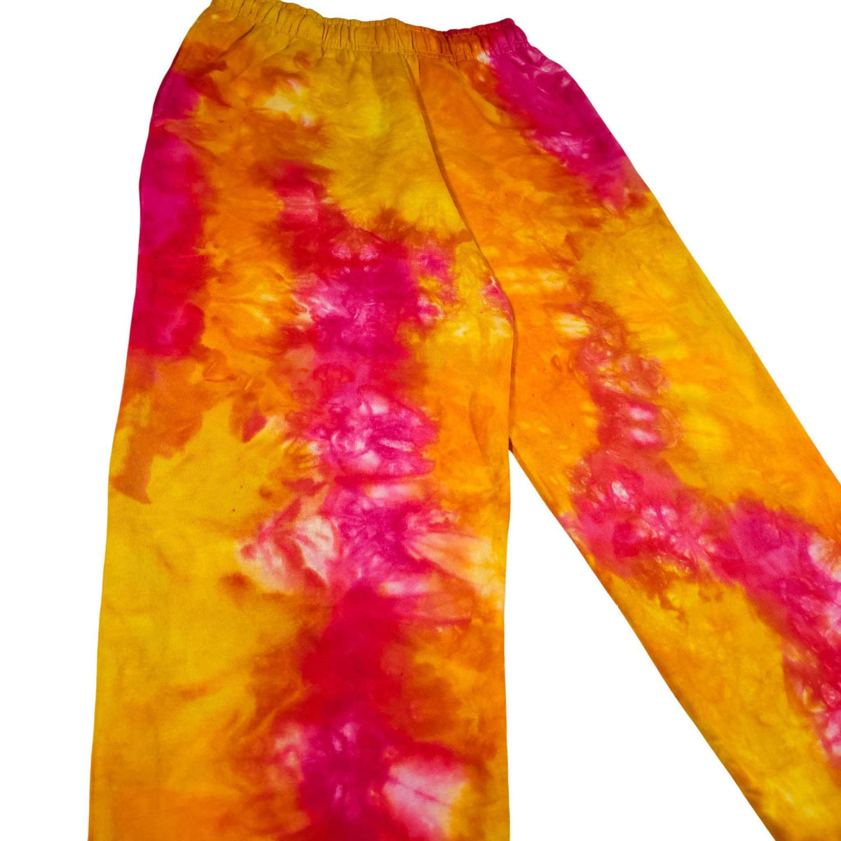 Orange and magenta tie-dye jogger pants, elastic waist and straight legs