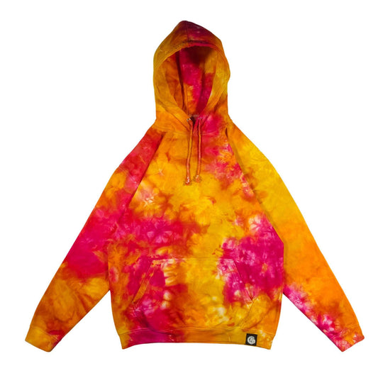 Multicolor tie-dye pullover hoodie with adjustable hood drawstrings and front pocket.