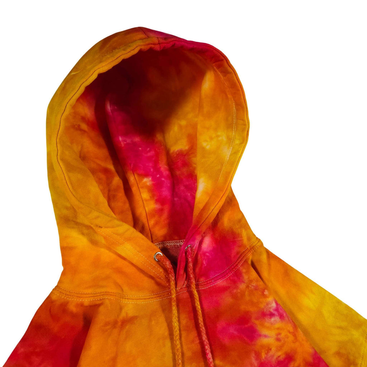 Tie-dye pullover hoodie with front drawstring and pocket seam detail, hood up.
