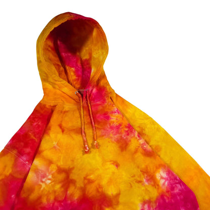 Tie-dye hoodie with drawstring hood and kangaroo pocket, orange and pink