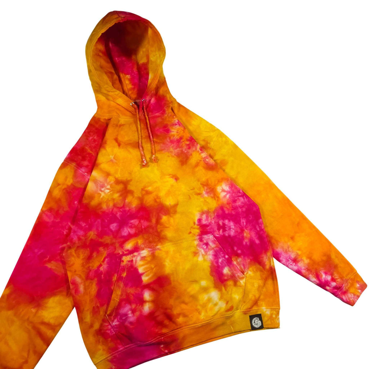 Tie-dye pullover hoodie with drawstring hood, orange and magenta on chest